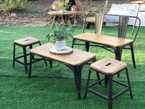 ספסל עץ משולב מתכת+שולחן +2 שרפרפים